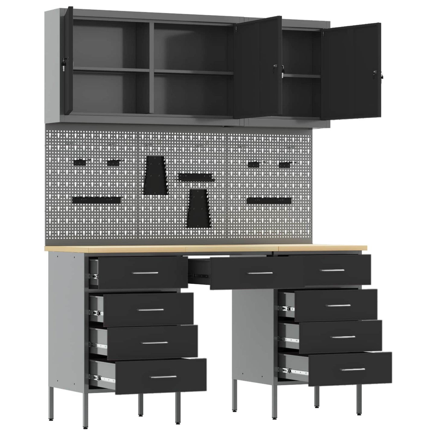 Work Cabinet with Drawer 8 pcs Black Engineered Wood and Steel