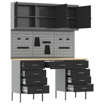 Work Cabinet with Drawer 8 pcs Black Engineered Wood and Steel