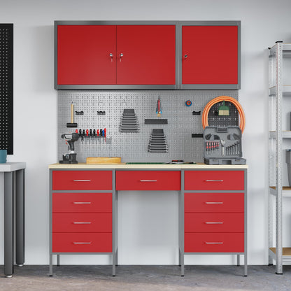 Work Cabinet with Drawer 8 pcs Red Engineered Wood and Steel