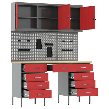 Work Cabinet with Drawer 8 pcs Red Engineered Wood and Steel