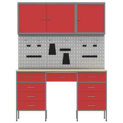 Work Cabinet with Drawer 8 pcs Red Engineered Wood and Steel