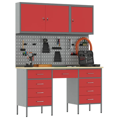 Work Cabinet with Drawer 8 pcs Red Engineered Wood and Steel