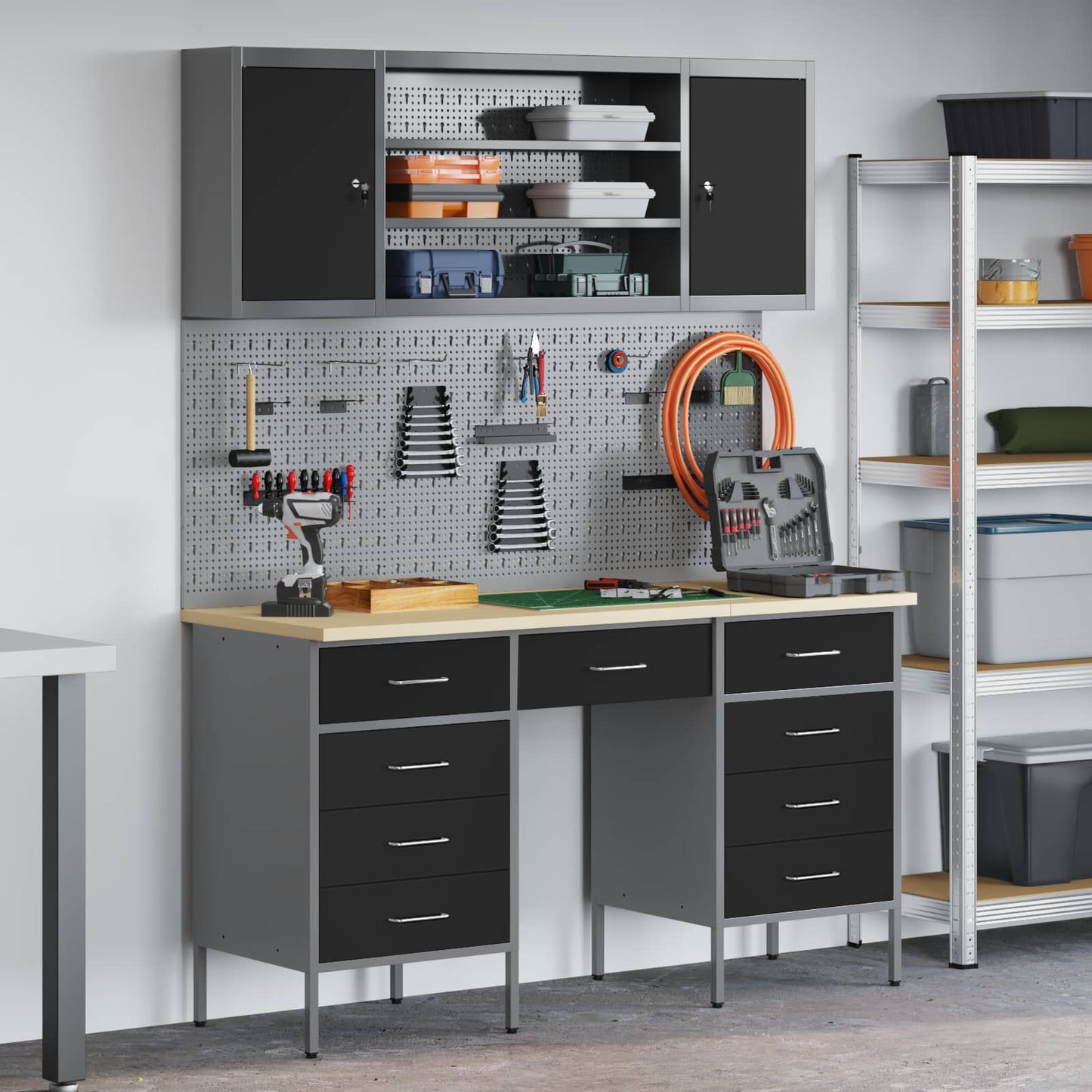 Work Cabinet with Drawer 8 pcs Black Engineered Wood and Steel