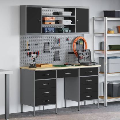 Work Cabinet with Drawer 8 pcs Black Engineered Wood and Steel