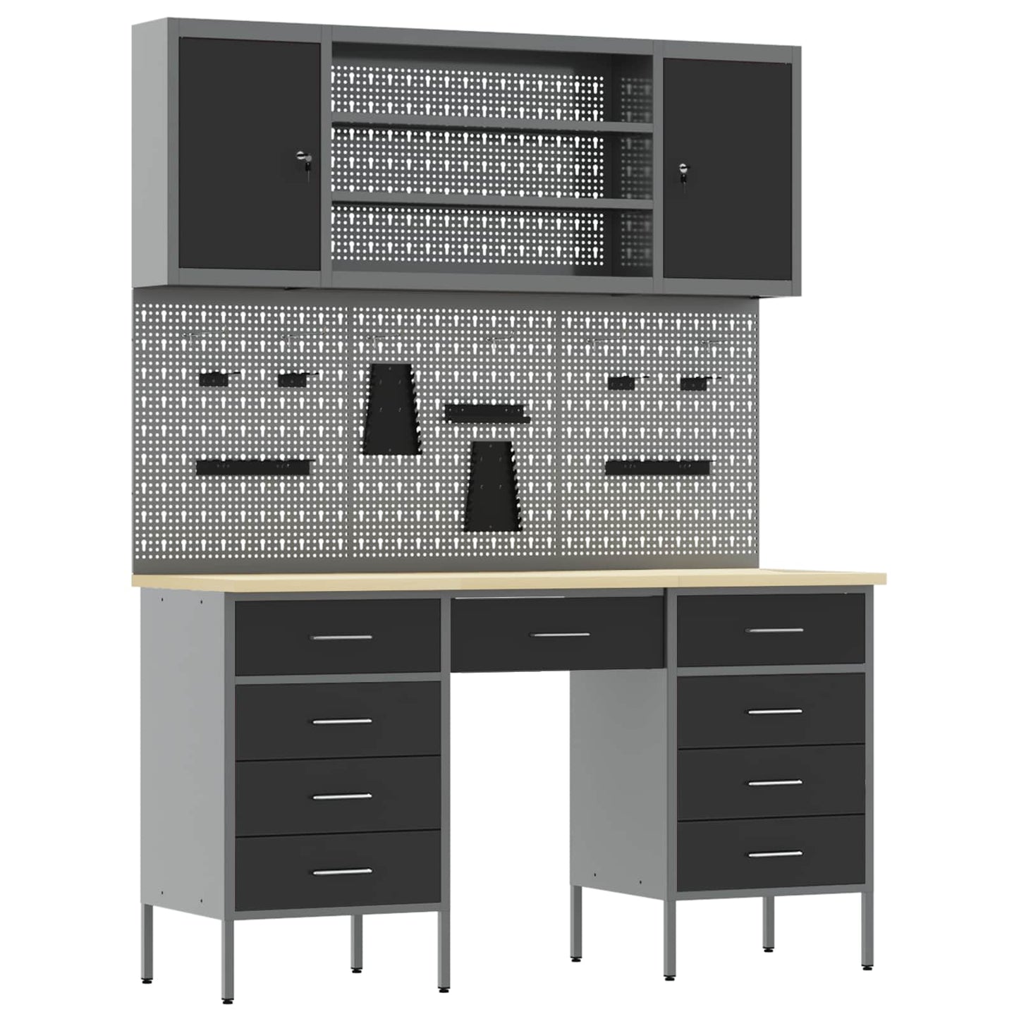 Work Cabinet with Drawer 8 pcs Black Engineered Wood and Steel