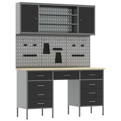 Work Cabinet with Drawer 8 pcs Black Engineered Wood and Steel