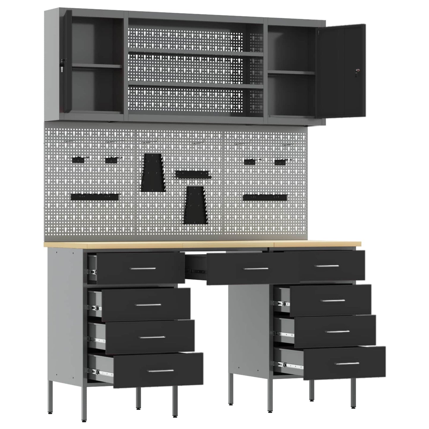 Work Cabinet with Drawer 8 pcs Black Engineered Wood and Steel