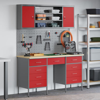 Work Cabinet with Drawer 8 pcs Red Engineered Wood and Steel