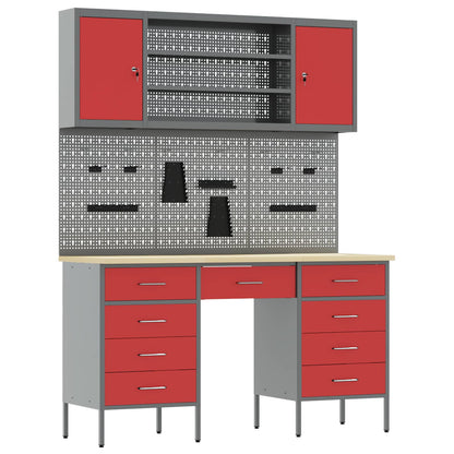 Work Cabinet with Drawer 8 pcs Red Engineered Wood and Steel