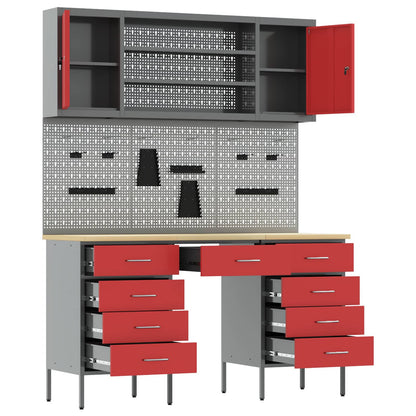 Work Cabinet with Drawer 8 pcs Red Engineered Wood and Steel