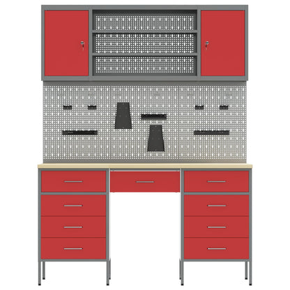 Work Cabinet with Drawer 8 pcs Red Engineered Wood and Steel