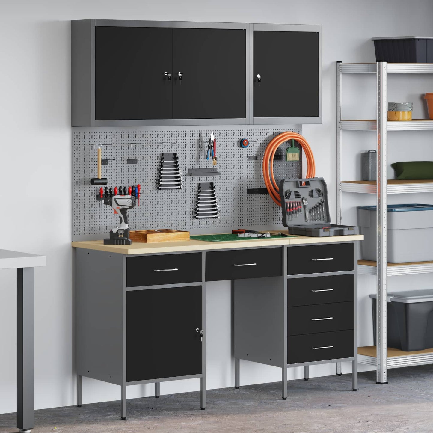 Work Cabinet with Drawer 8 pcs Black Engineered Wood and Steel