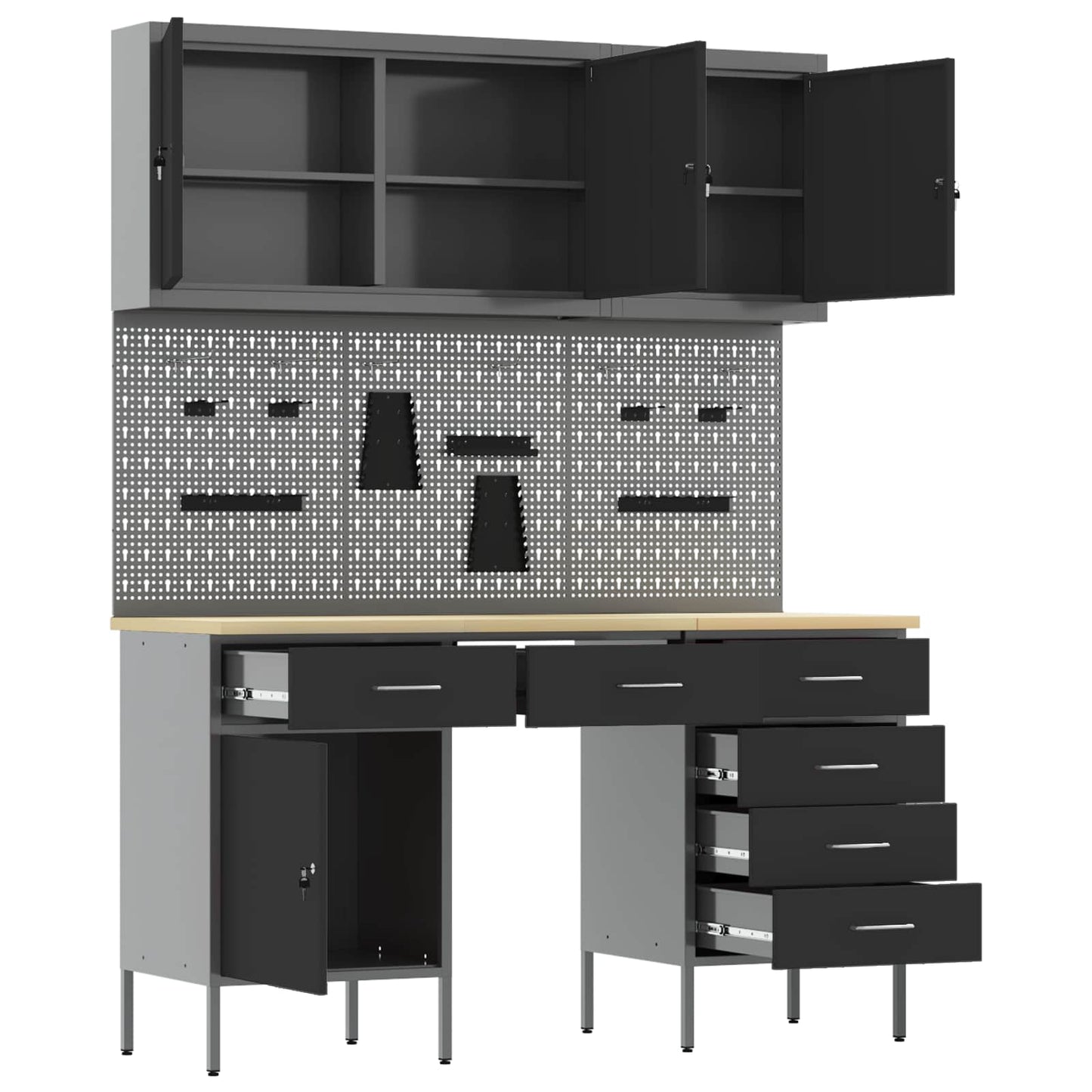 Work Cabinet with Drawer 8 pcs Black Engineered Wood and Steel