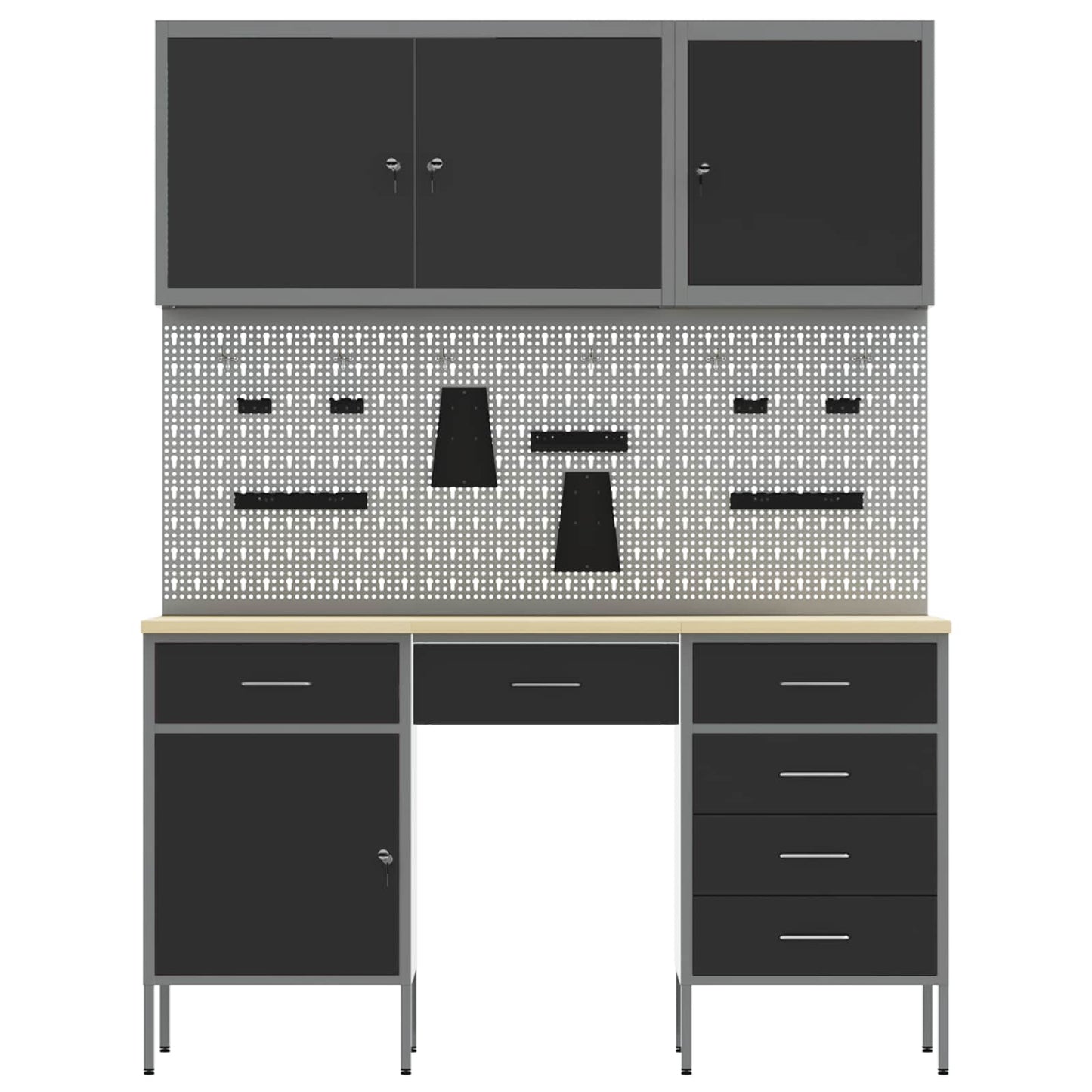 Work Cabinet with Drawer 8 pcs Black Engineered Wood and Steel