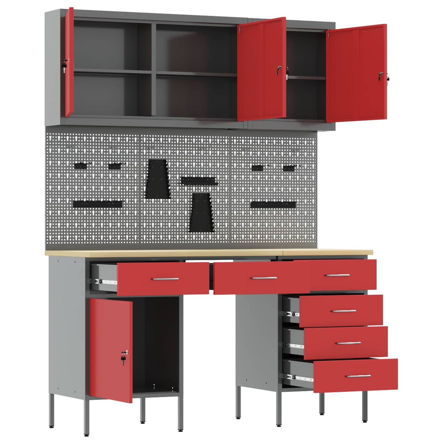 Work Cabinet with Drawer 8 pcs Red Engineered Wood and Steel