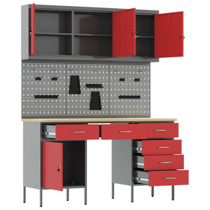 Work Cabinet with Drawer 8 pcs Red Engineered Wood and Steel
