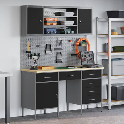 Work Cabinet with Drawer 8 pcs Black Engineered Wood and Steel