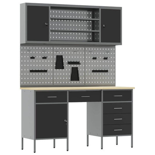 Work Cabinet with Drawer 8 pcs Black Engineered Wood and Steel