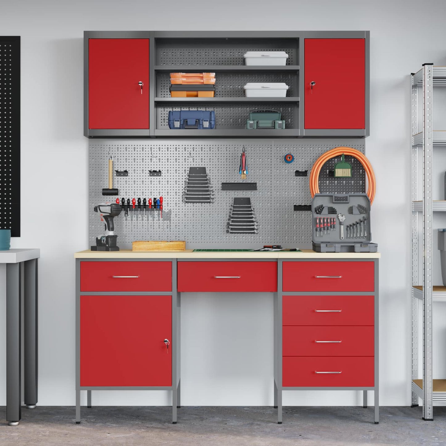 Work Cabinet with Drawer 8 pcs Red Engineered Wood and Steel