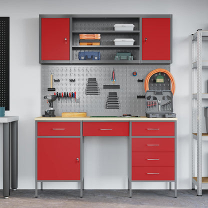 Work Cabinet with Drawer 8 pcs Red Engineered Wood and Steel