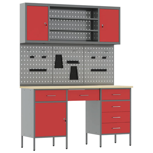 Work Cabinet with Drawer 8 pcs Red Engineered Wood and Steel