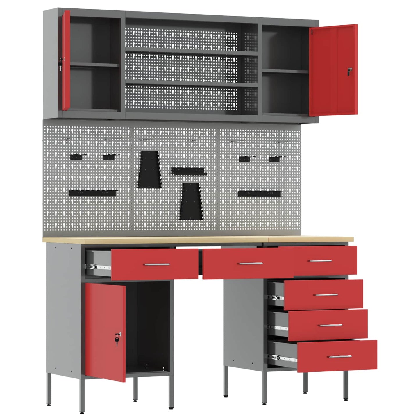 Work Cabinet with Drawer 8 pcs Red Engineered Wood and Steel