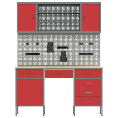 Work Cabinet with Drawer 8 pcs Red Engineered Wood and Steel