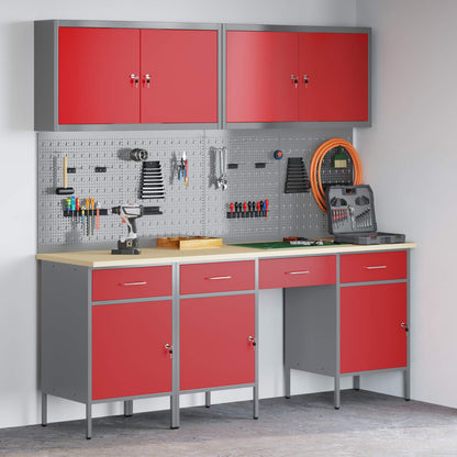 Work Cabinet with Drawer 10 pcs Red Engineered Wood and Steel