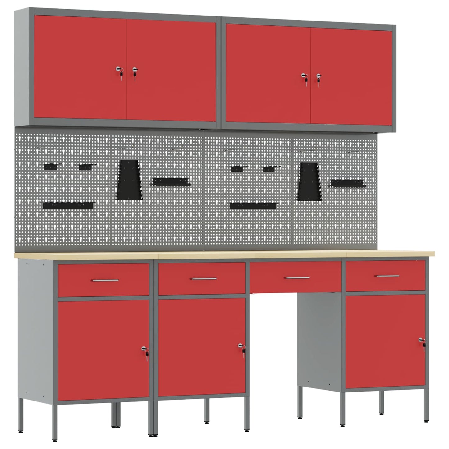 Work Cabinet with Drawer 10 pcs Red Engineered Wood and Steel