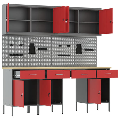 Work Cabinet with Drawer 10 pcs Red Engineered Wood and Steel