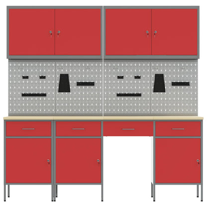 Work Cabinet with Drawer 10 pcs Red Engineered Wood and Steel