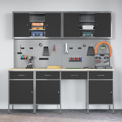 Work Cabinet with Drawer 10 pcs Black Engineered Wood and Steel