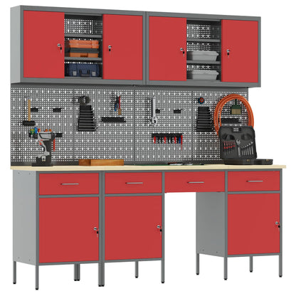 Work Cabinet with Drawer 10 pcs Red Engineered Wood and Steel