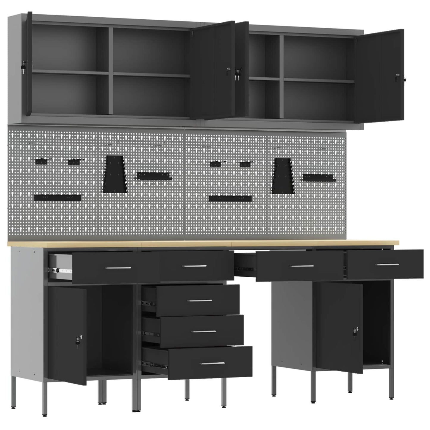 Work Cabinet with Drawer 10 pcs Black Engineered Wood and Steel