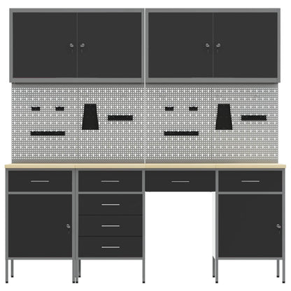 Work Cabinet with Drawer 10 pcs Black Engineered Wood and Steel
