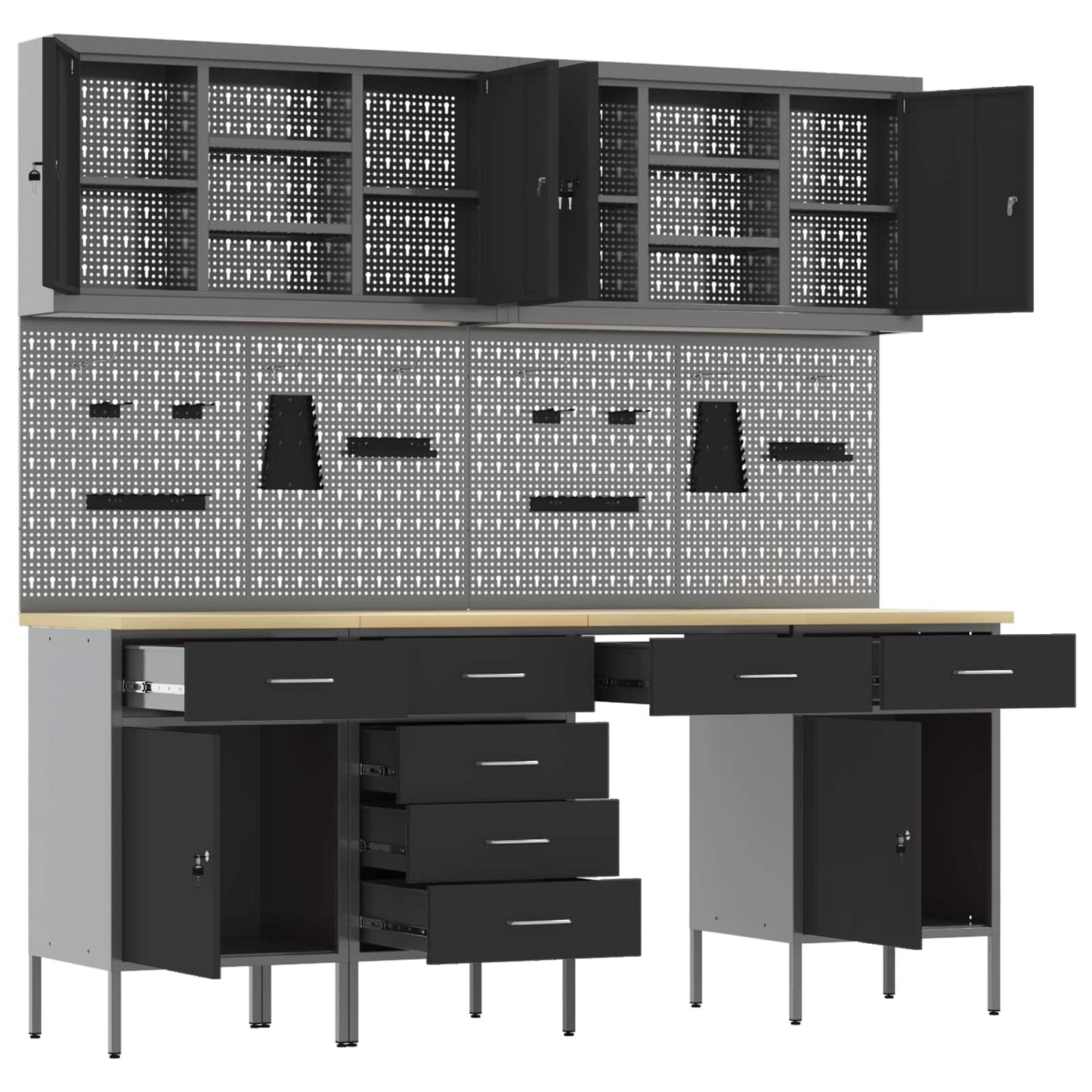Work Cabinet with Drawer 10 pcs Black Engineered Wood and Steel