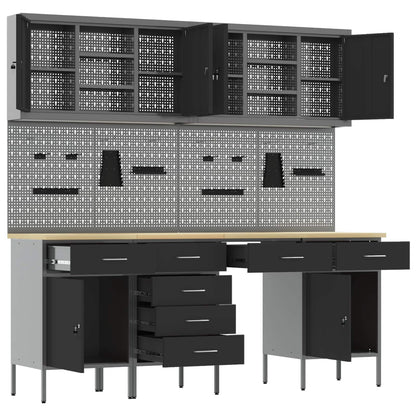 Work Cabinet with Drawer 10 pcs Black Engineered Wood and Steel