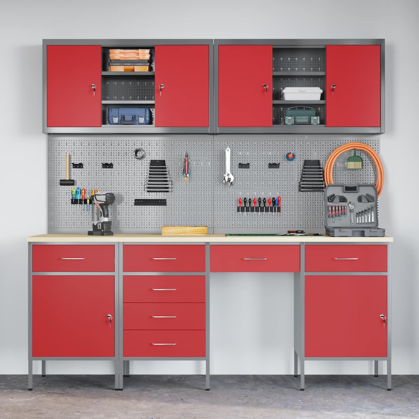 Work Cabinet with Drawer 10 pcs Red Engineered Wood and Steel