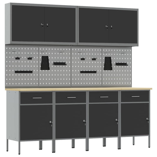 Work Cabinet with Drawer 10 pcs Black Engineered Wood and Steel