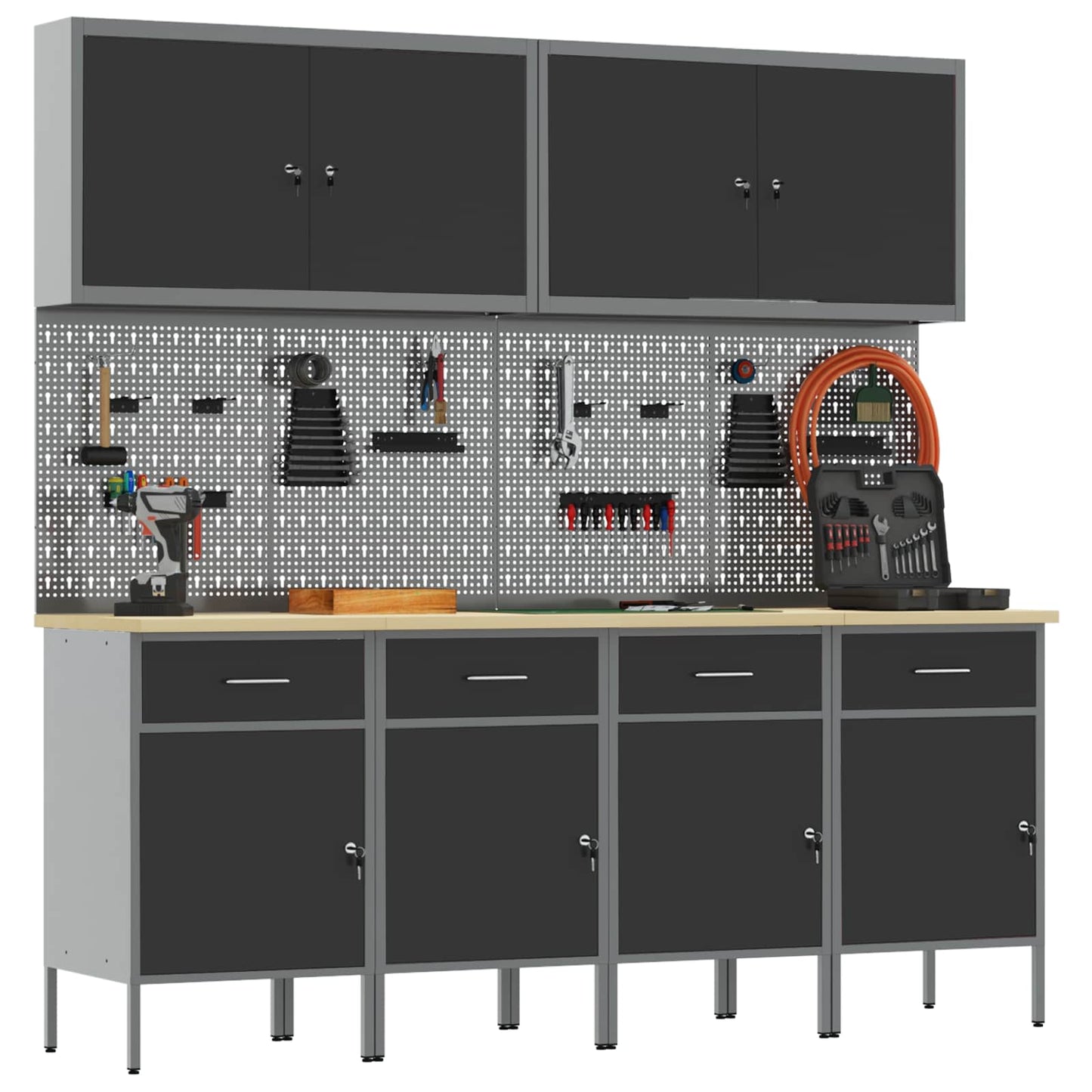 Work Cabinet with Drawer 10 pcs Black Engineered Wood and Steel