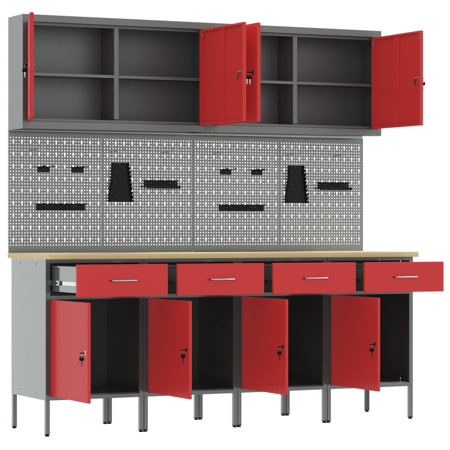 Work Cabinet with Drawer 10 pcs Red Engineered Wood and Steel