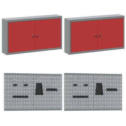 Work Cabinet with Drawer 10 pcs Red Engineered Wood and Steel
