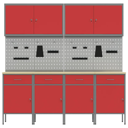 Work Cabinet with Drawer 10 pcs Red Engineered Wood and Steel