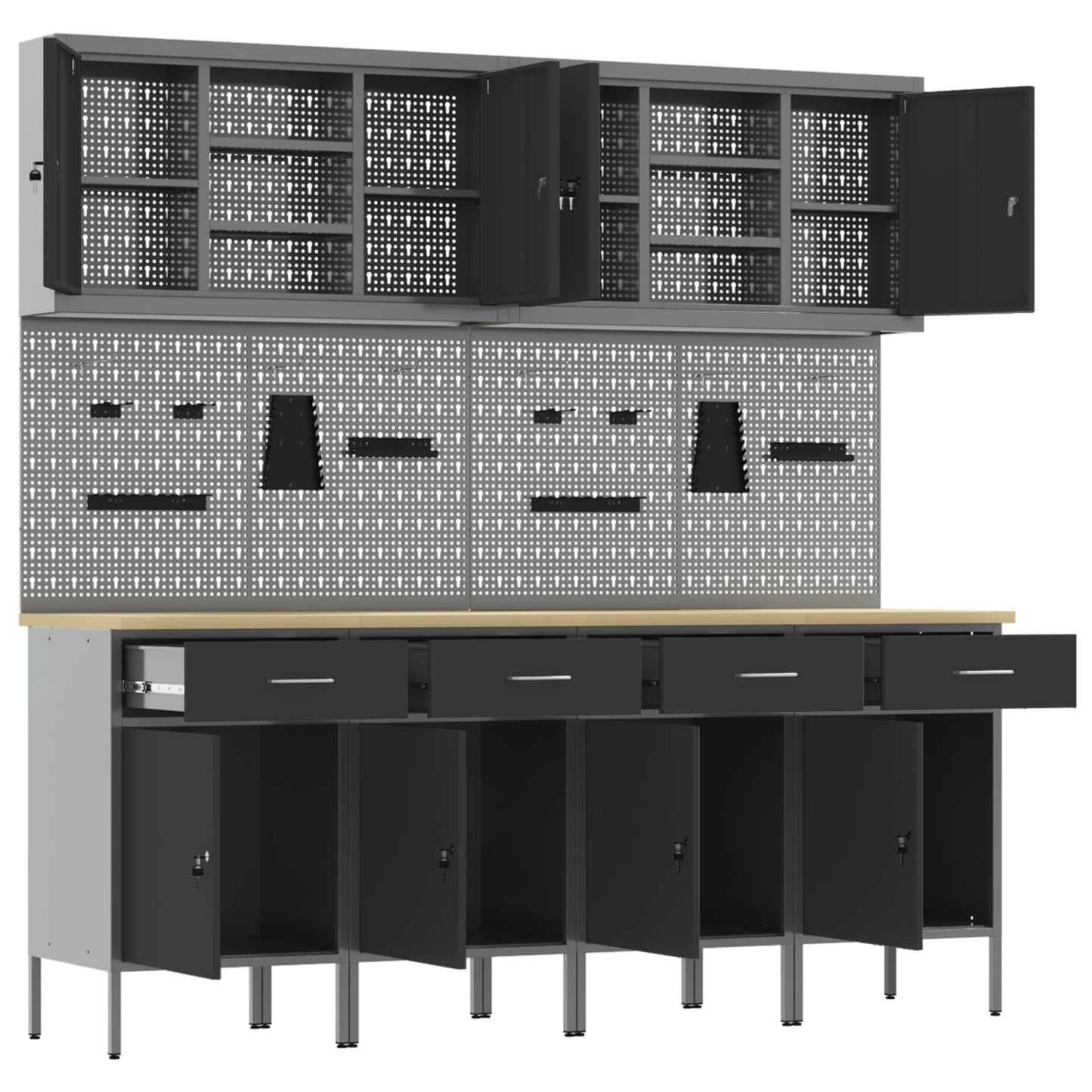 Work Cabinet with Drawer 10 pcs Black Engineered Wood and Steel
