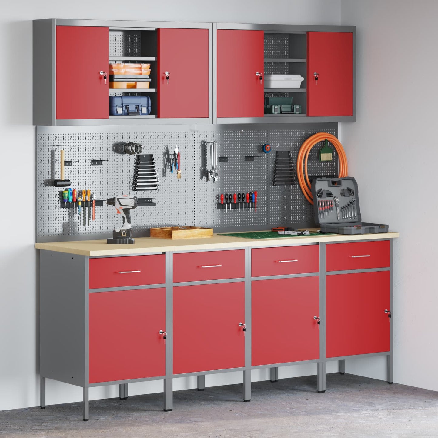 Work Cabinet with Drawer 10 pcs Red Engineered Wood and Steel