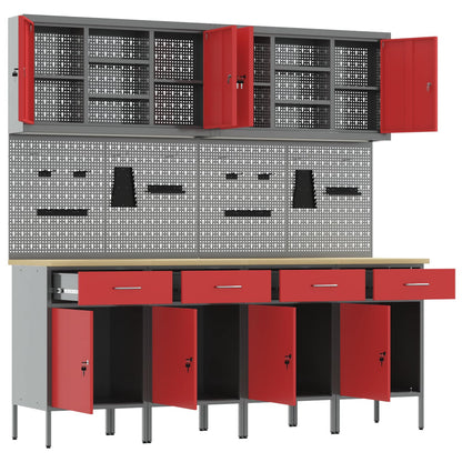 Work Cabinet with Drawer 10 pcs Red Engineered Wood and Steel