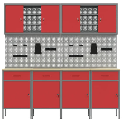 Work Cabinet with Drawer 10 pcs Red Engineered Wood and Steel