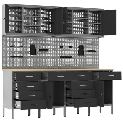 Work Cabinet with Drawer 10 pcs Black Engineered Wood and Steel