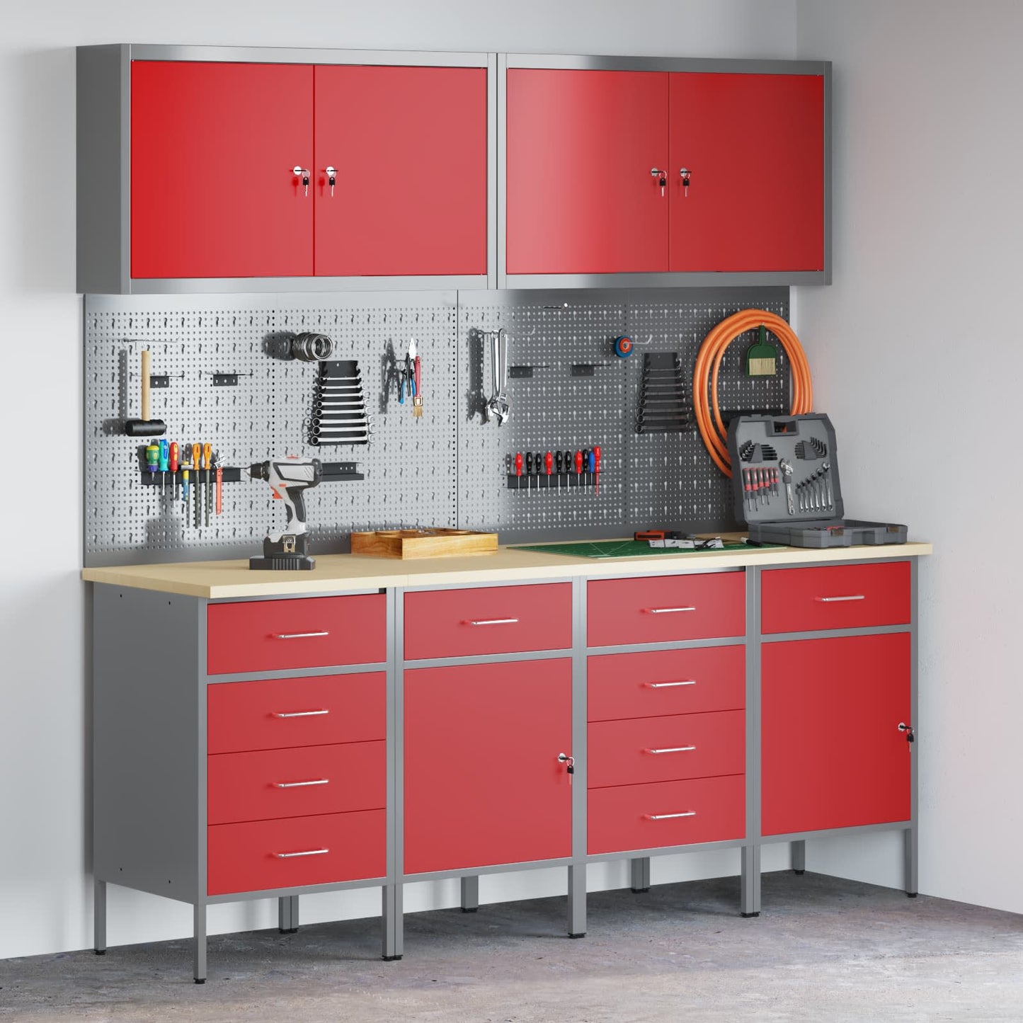Work Cabinet with Drawer 10 pcs Red Engineered Wood and Steel