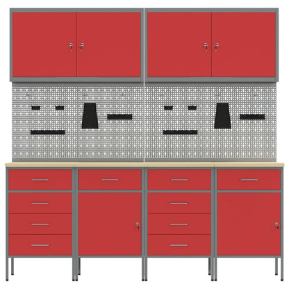Work Cabinet with Drawer 10 pcs Red Engineered Wood and Steel